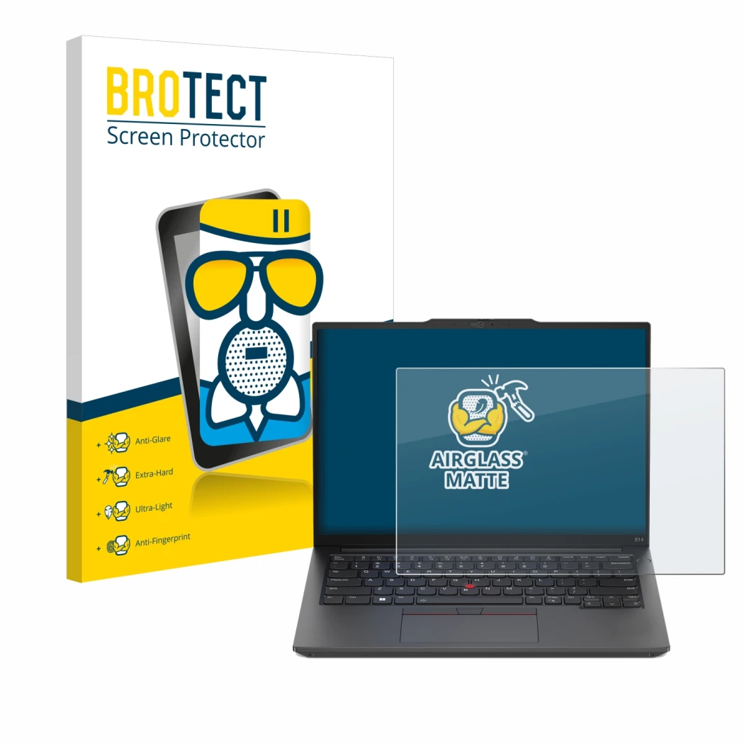 Parte frontal de un envase de producto con el logotipo de la marca BROTECT. Al lado se muestra el dispositivo Lenovo ThinkPad 