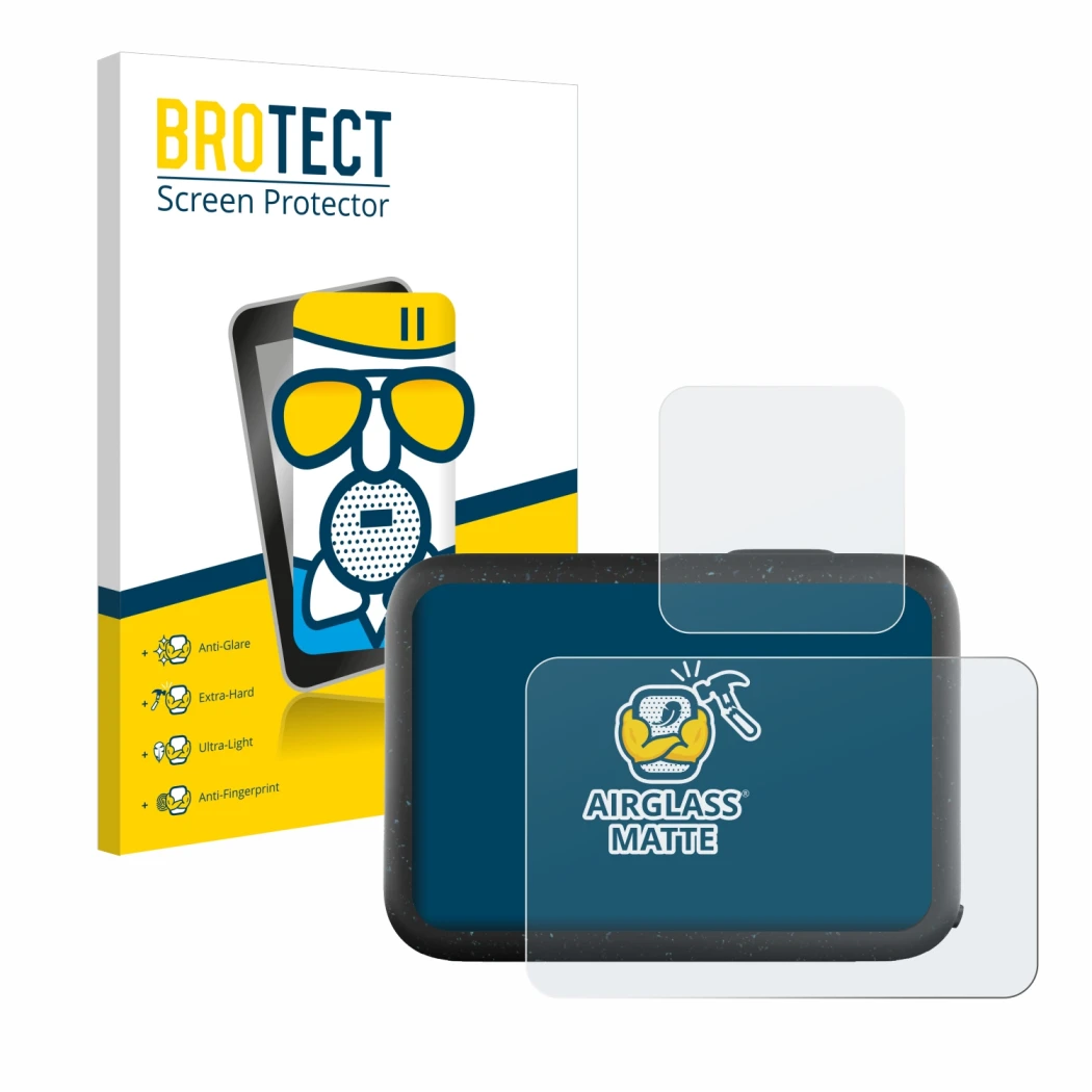 Parte frontal de un envase de producto con el logotipo de la marca BROTECT. Al lado se muestra el dispositivo GoPro Hero 12 Bl