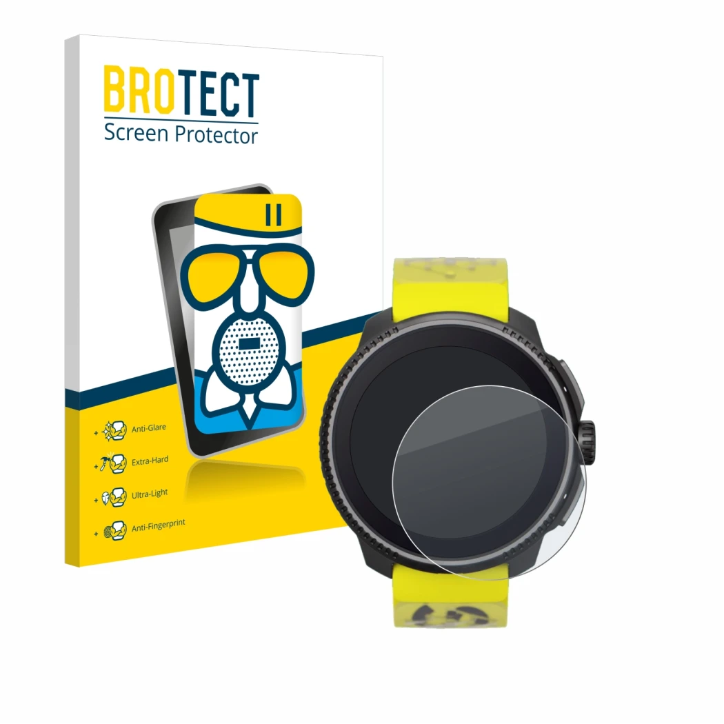 Parte frontal de un envase de producto con el logotipo de la marca BROTECT. Al lado se muestra el dispositivo Suunto Race con