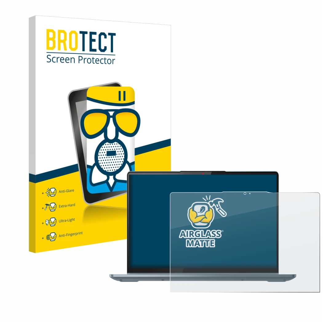 Parte frontal de un envase de producto con el logotipo de la marca BROTECT. Al lado se muestra el dispositivo Lenovo IdeaPad F