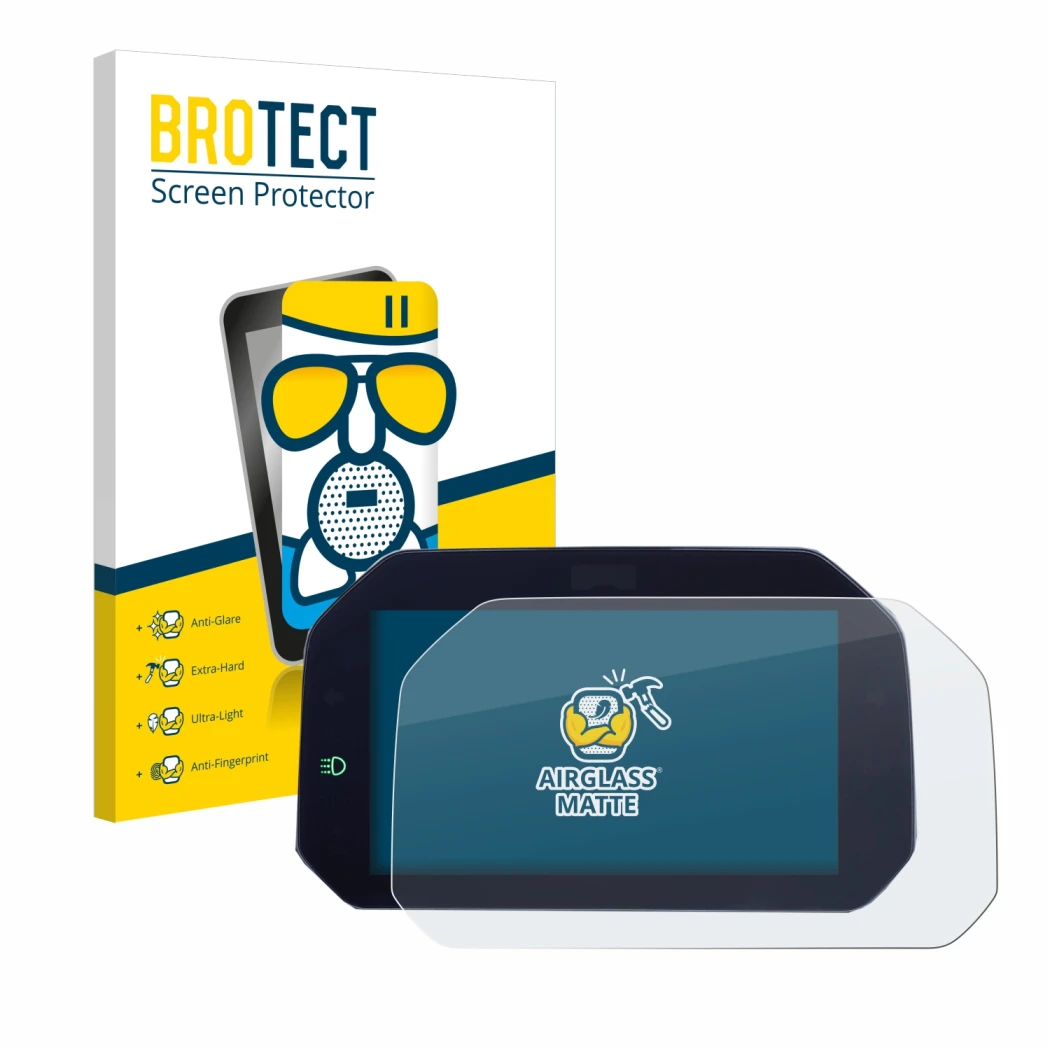 Parte frontal de un envase de producto con el logotipo de la marca BROTECT. Al lado se muestra el dispositivo BMW R 1300 GS TF