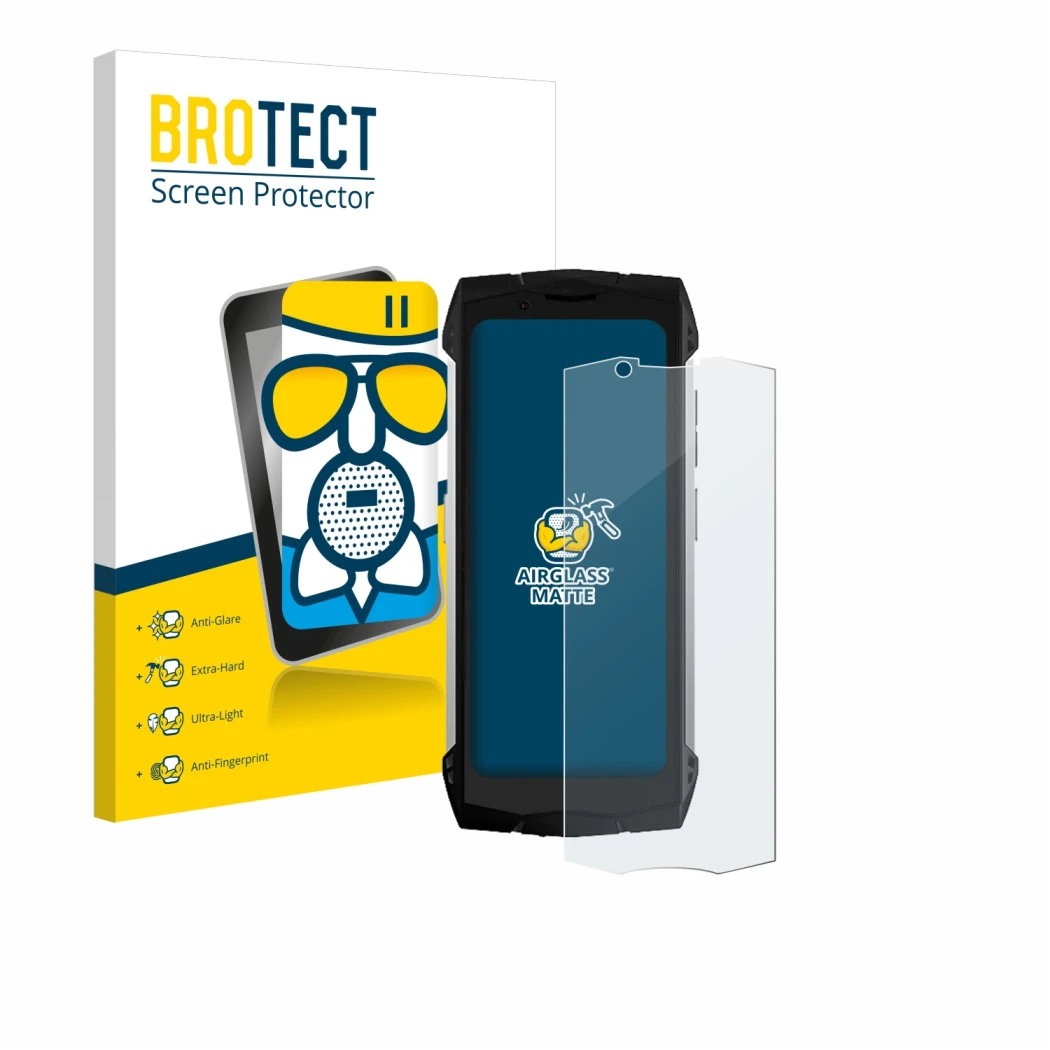 Parte frontal de un envase de producto con el logotipo de la marca BROTECT. Al lado se muestra el dispositivo Doogee S Mini co