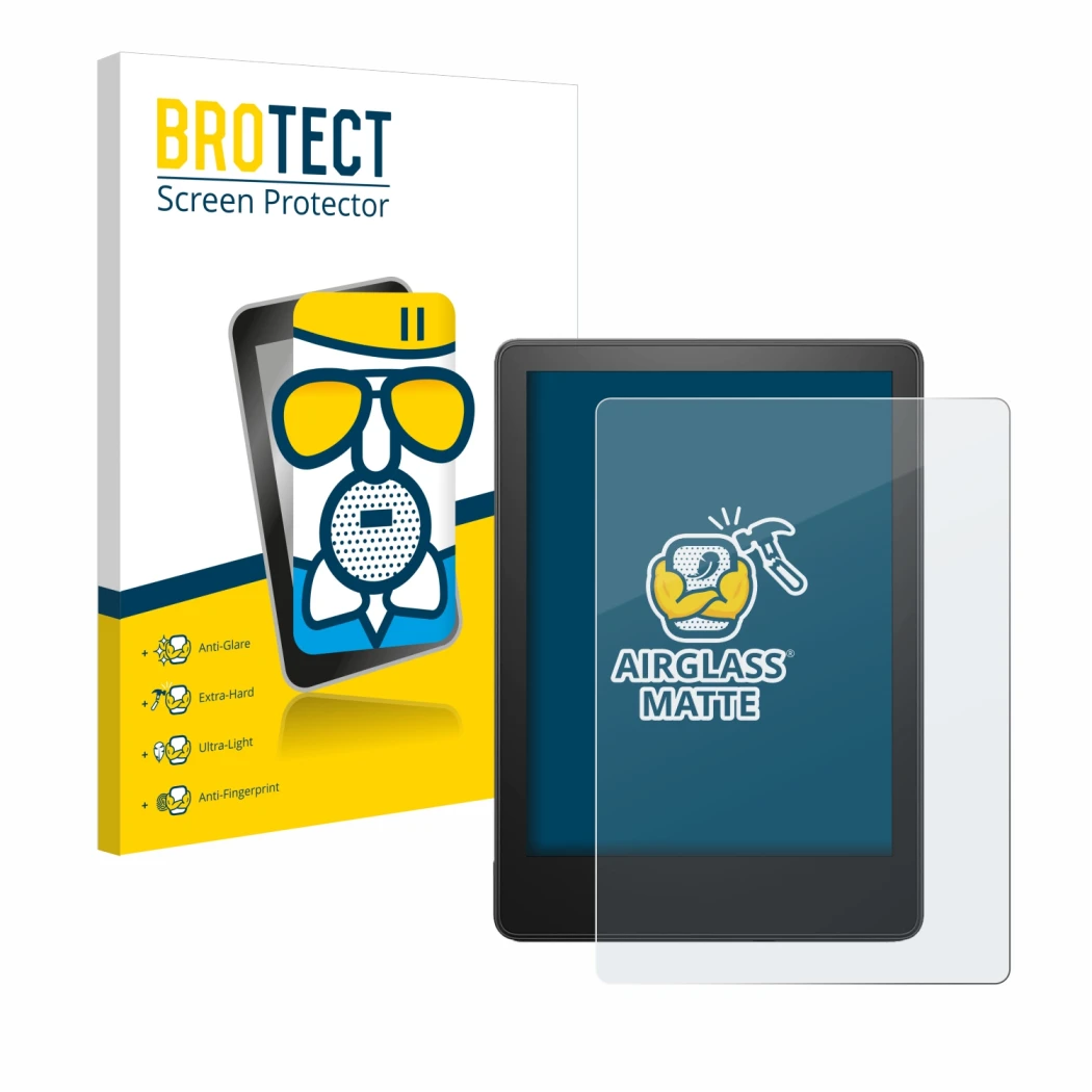 Parte frontal de un envase de producto con el logotipo de la marca BROTECT. Al lado se muestra el dispositivo Amazon Kindle Pa