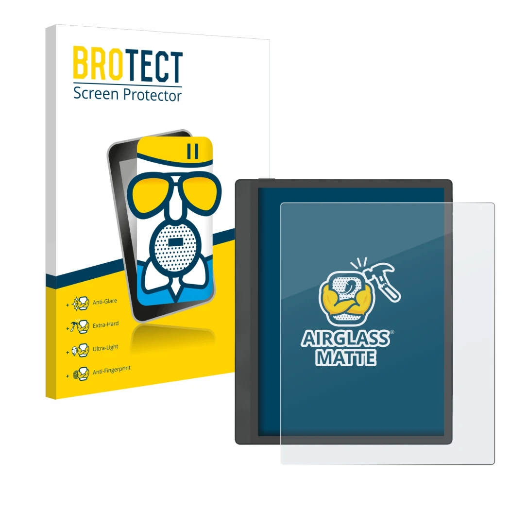 Parte frontal de un envase de producto con el logotipo de la marca BROTECT. Al lado se muestra el dispositivo Boox Tab Ultra C