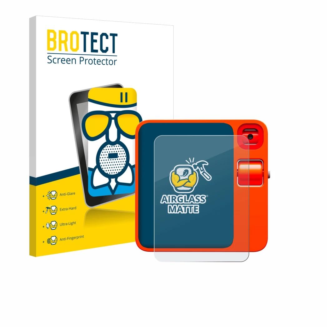 Parte frontal de un envase de producto con el logotipo de la marca BROTECT. Al lado se muestra el dispositivo rabbit r1 con su