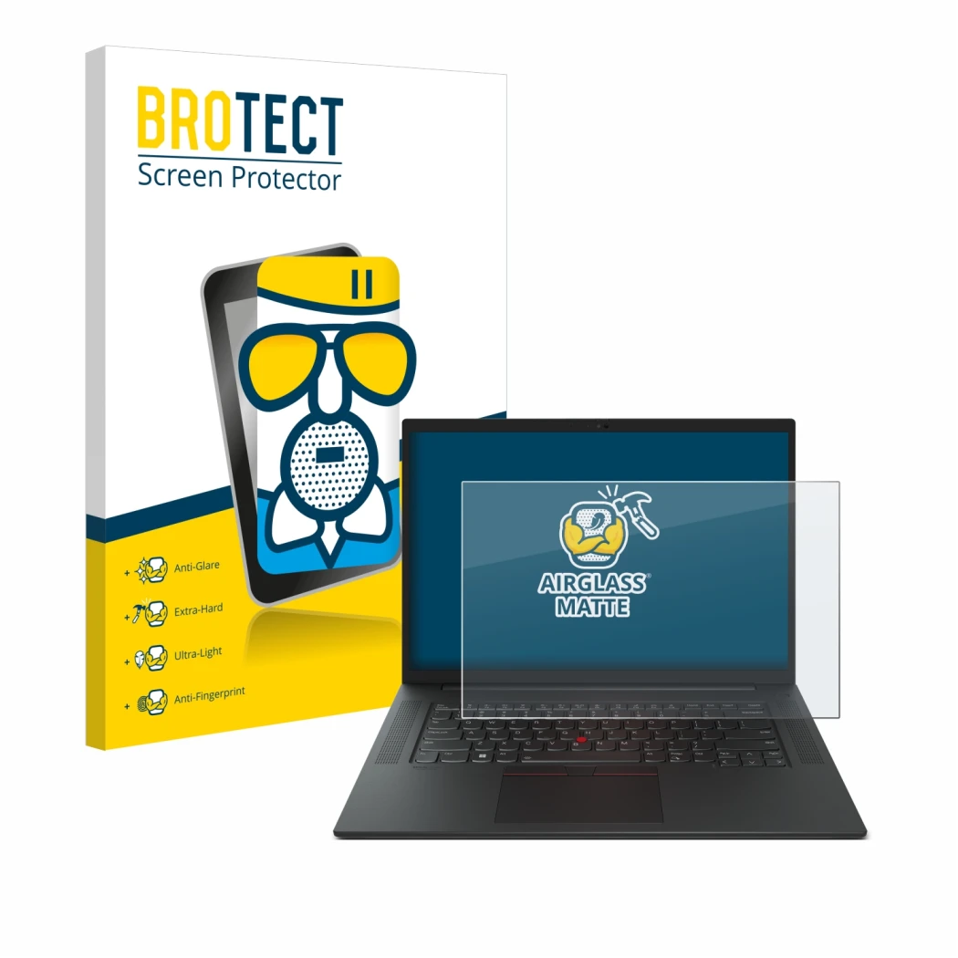 Parte frontal de un envase de producto con el logotipo de la marca BROTECT. Al lado se muestra el dispositivo Lenovo ThinkPad 