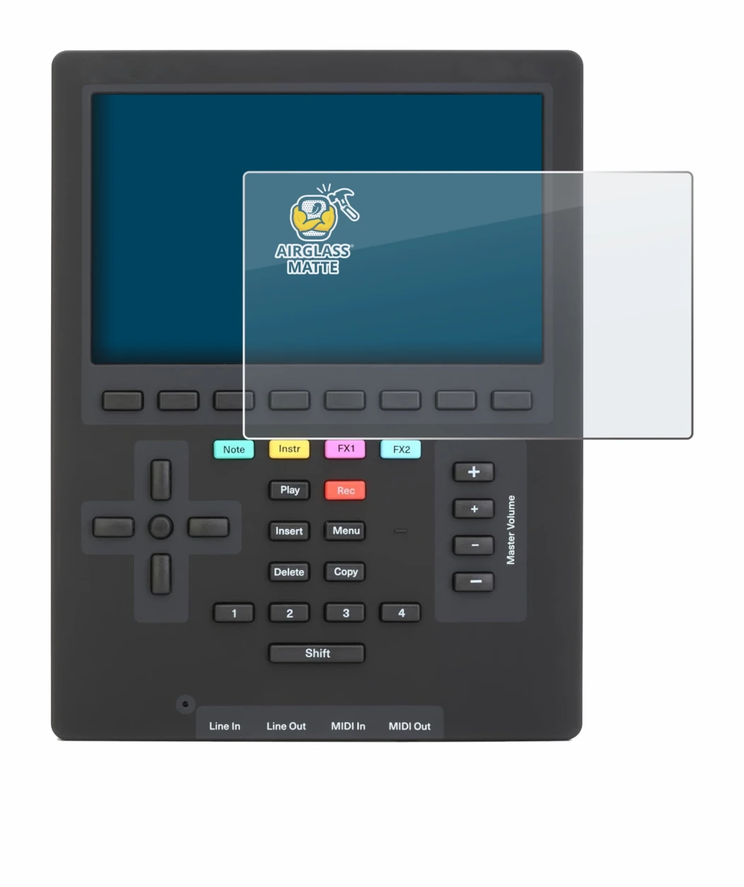 Imagen del dispositivo Polyend Tracker Mini con una amplia variedad de protectores de pantalla.