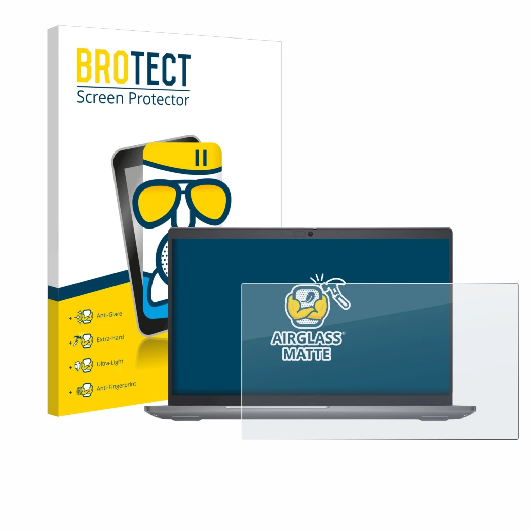 Parte frontal de un envase de producto con el logotipo de la marca BROTECT. Al lado se muestra el dispositivo Dell Latitude 55