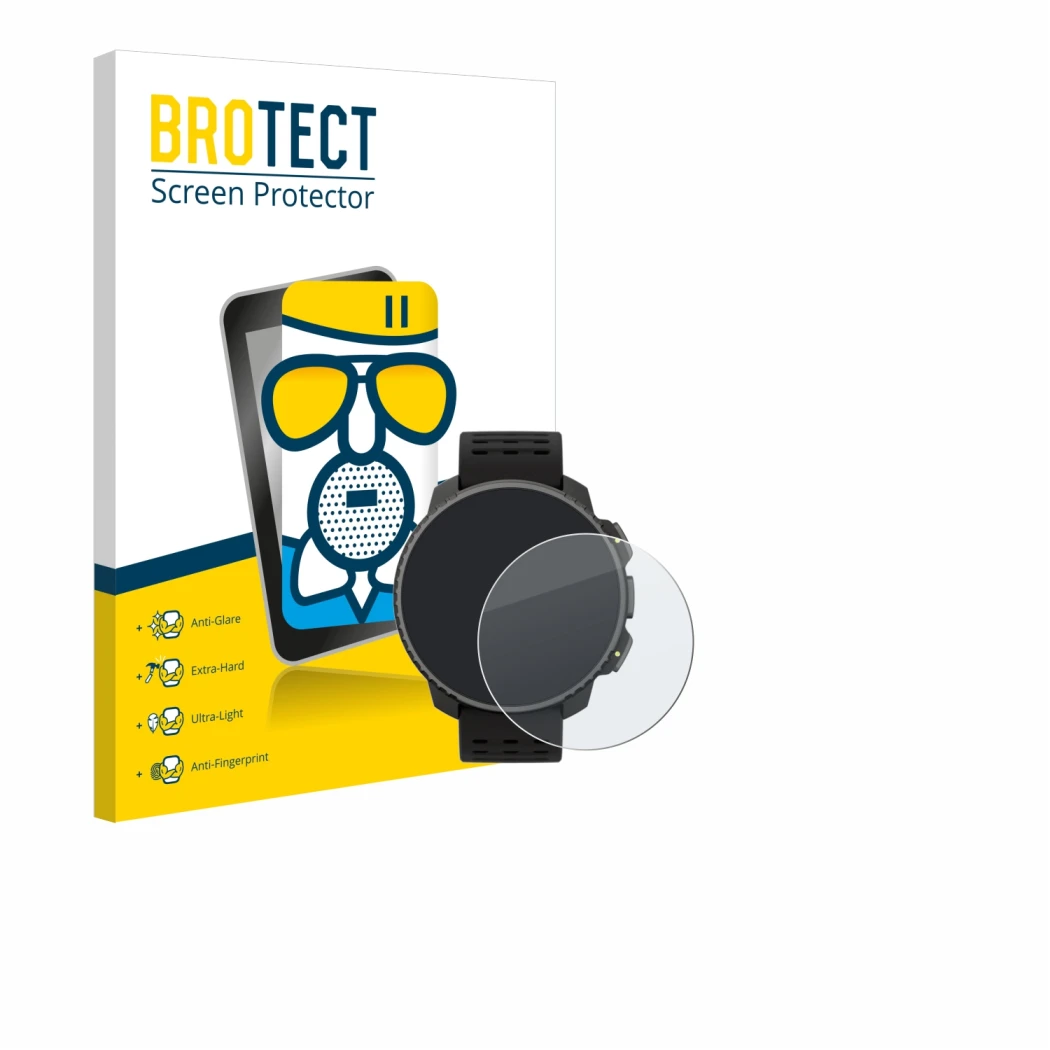 Parte frontal de un envase de producto con el logotipo de la marca BROTECT. Al lado se muestra el dispositivo Suunto Vertical 