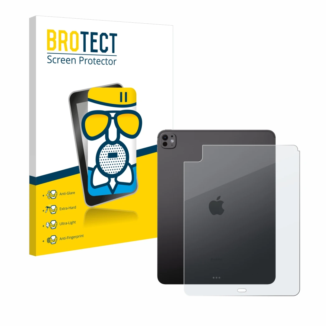 Parte frontal de un envase de producto con el logotipo de la marca BROTECT. Al lado se muestra el dispositivo Apple iPad Pro 1