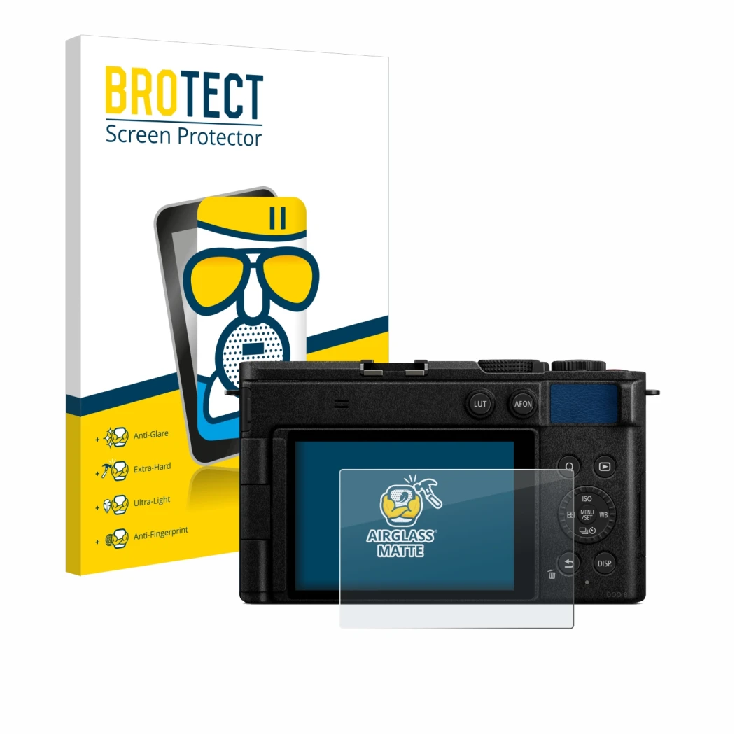 Parte frontal de un envase de producto con el logotipo de la marca BROTECT. Al lado se muestra el dispositivo Panasonic Lumix 