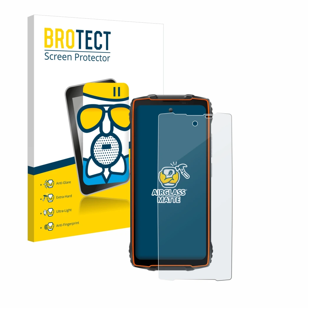 Parte frontal de un envase de producto con el logotipo de la marca BROTECT. Al lado se muestra el dispositivo Blackview Oscal 