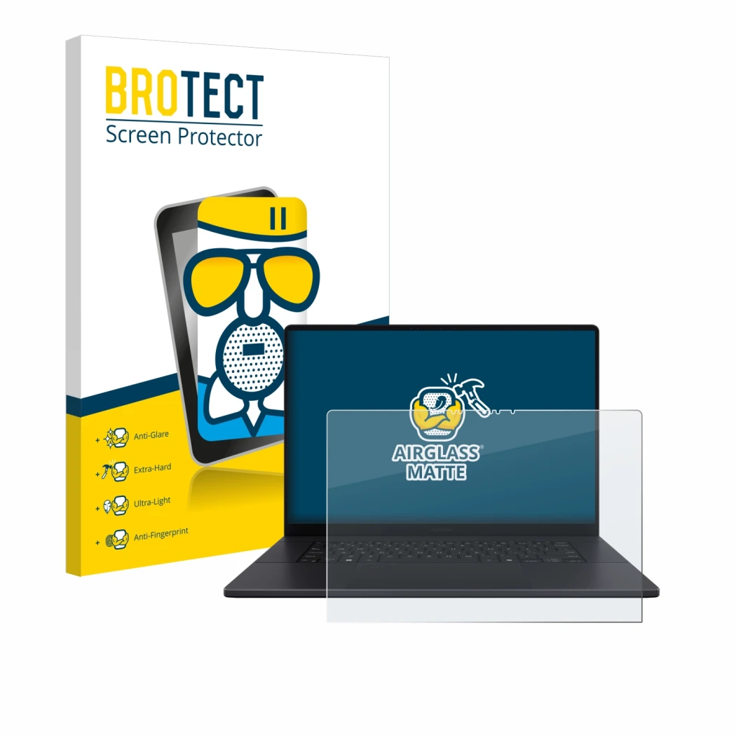 Parte frontal de un envase de producto con el logotipo de la marca BROTECT. Al lado se muestra el dispositivo ASUS ProArt P16 