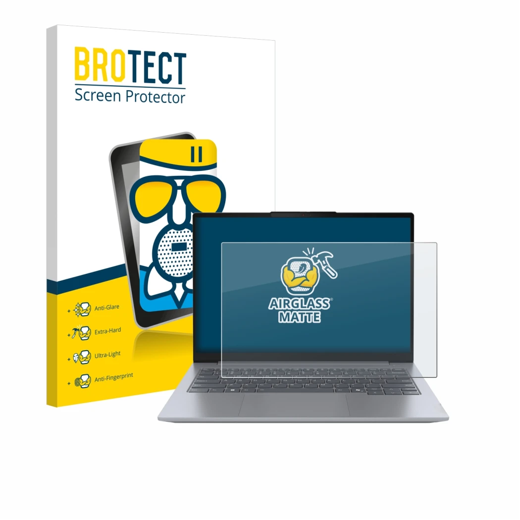 Parte frontal de un envase de producto con el logotipo de la marca BROTECT. Al lado se muestra el dispositivo Lenovo ThinkBook