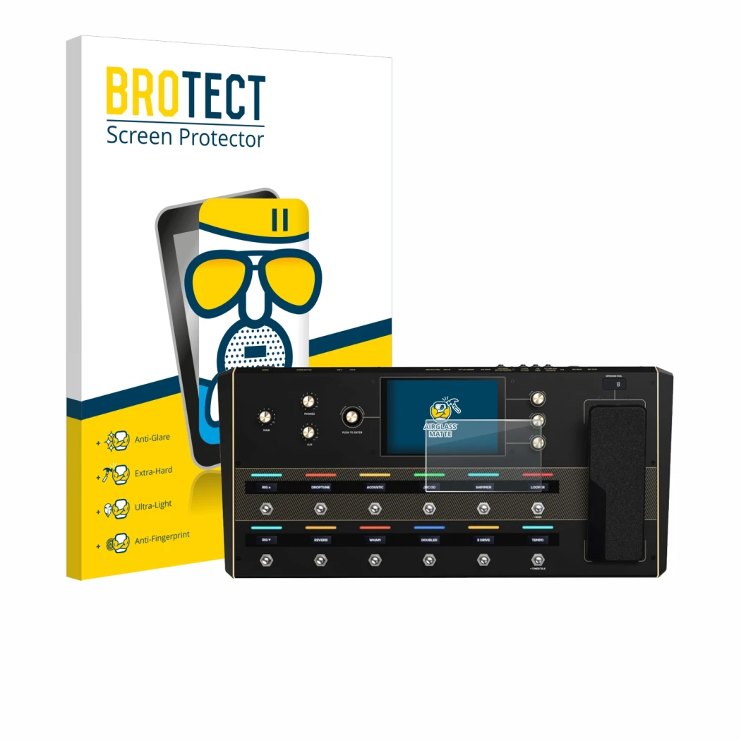 Parte frontal de un envase de producto con el logotipo de la marca BROTECT. Al lado se muestra el dispositivo Headrush Prime c