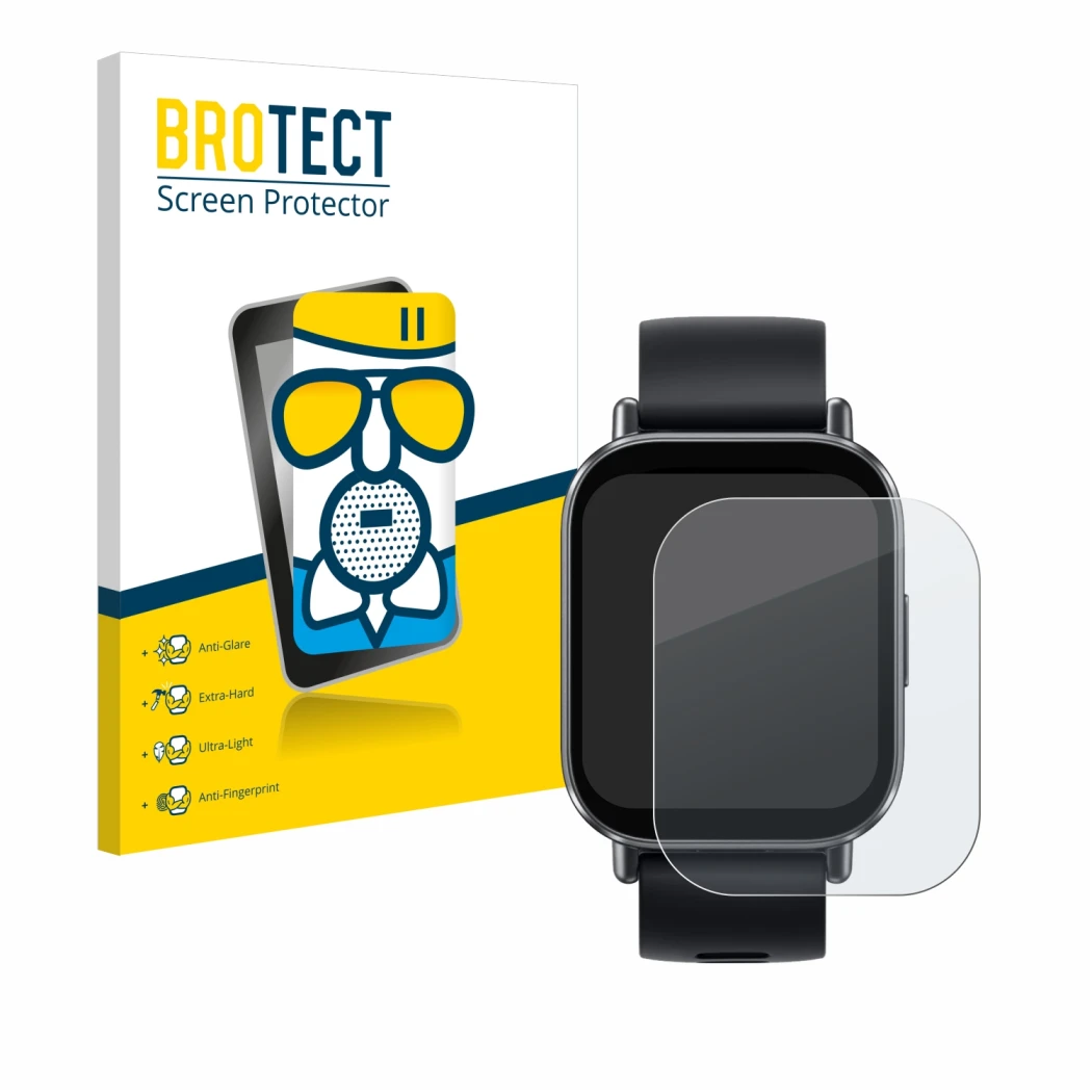 Parte frontal de un envase de producto con el logotipo de la marca BROTECT. Al lado se muestra el dispositivo Xiaomi Redmi Wat