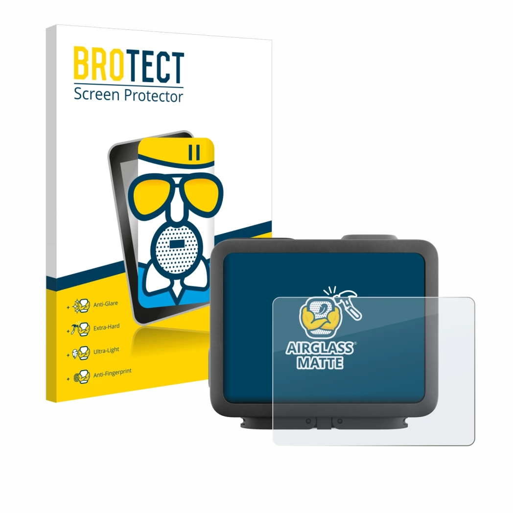 Parte frontal de un envase de producto con el logotipo de la marca BROTECT. Al lado se muestra el dispositivo GoPro Hero 4k co