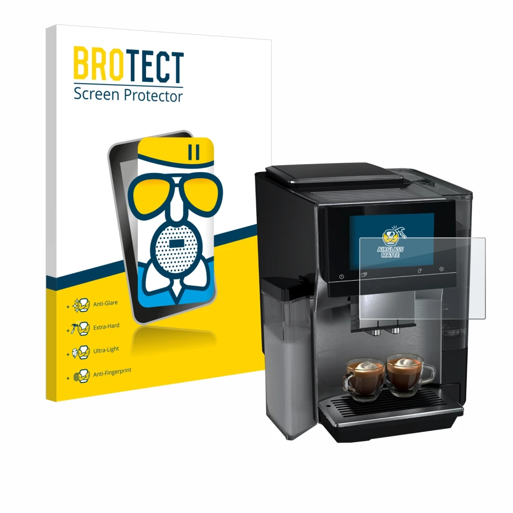 Parte frontal de un envase de producto con el logotipo de la marca BROTECT. Al lado se muestra el dispositivo Siemens EQ700 co