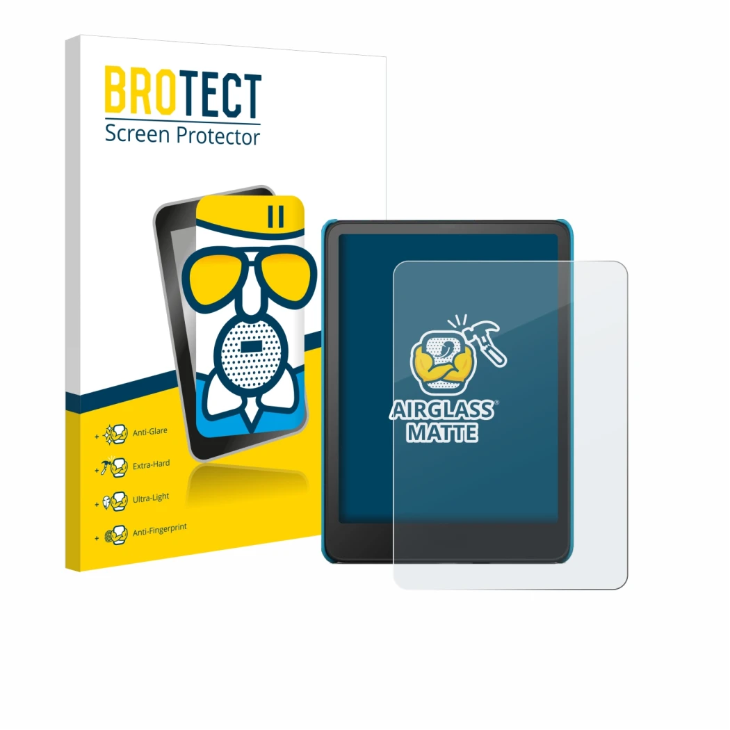 Parte frontal de un envase de producto con el logotipo de la marca BROTECT. Al lado se muestra el dispositivo Amazon Kindle Pa