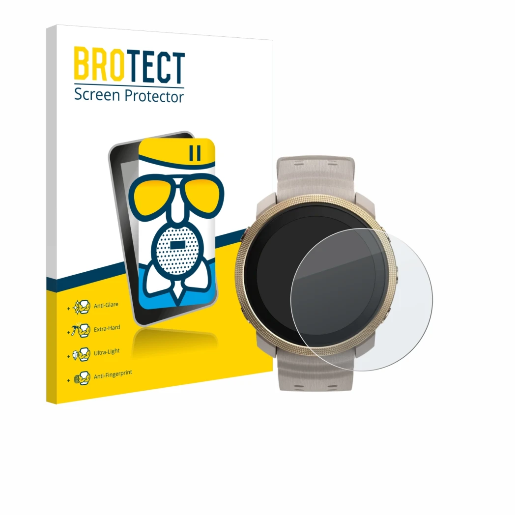 Parte frontal de un envase de producto con el logotipo de la marca BROTECT. Al lado se muestra el dispositivo Polar Vantage M3