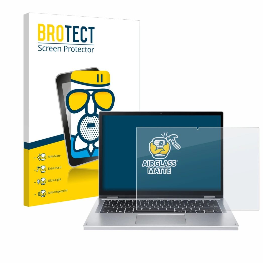 Parte frontal de un envase de producto con el logotipo de la marca BROTECT. Al lado se muestra el dispositivo Acer Aspire 3 Sp