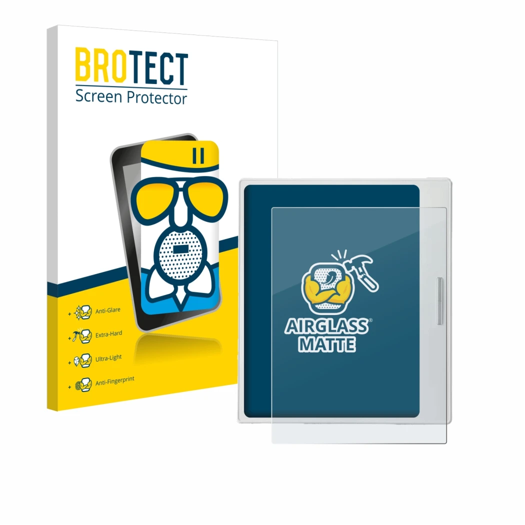 Parte frontal de un envase de producto con el logotipo de la marca BROTECT. Al lado se muestra el dispositivo Boox Go Color 7