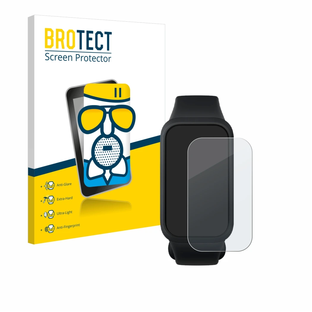 Parte frontal de un envase de producto con el logotipo de la marca BROTECT. Al lado se muestra el dispositivo Xiaomi Smart Ban