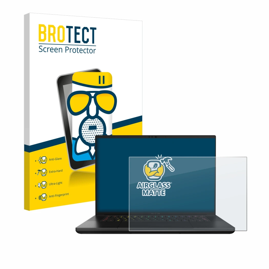 Parte frontal de un envase de producto con el logotipo de la marca BROTECT. Al lado se muestra el dispositivo Razer Blade 16 2