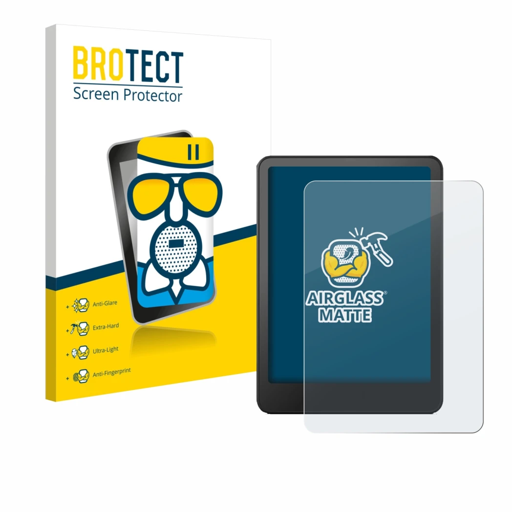 Parte frontal de un envase de producto con el logotipo de la marca BROTECT. Al lado se muestra el dispositivo Amazon Kindle Pa