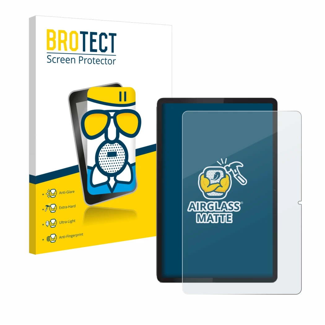 Parte frontal de un envase de producto con el logotipo de la marca BROTECT. Al lado se muestra el dispositivo Lenovo Tab 2025 