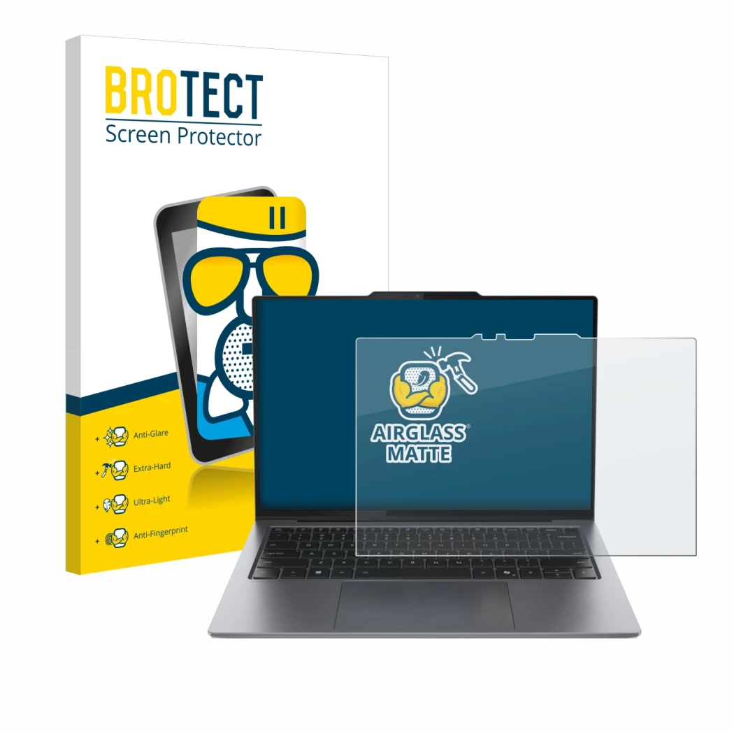 Parte frontal de un envase de producto con el logotipo de la marca BROTECT. Al lado se muestra el dispositivo Lenovo ThinkPad