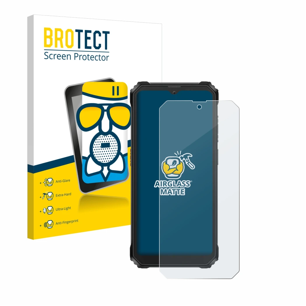 Parte frontal de un envase de producto con el logotipo de la marca BROTECT. Al lado se muestra el dispositivo Blackview BV6200