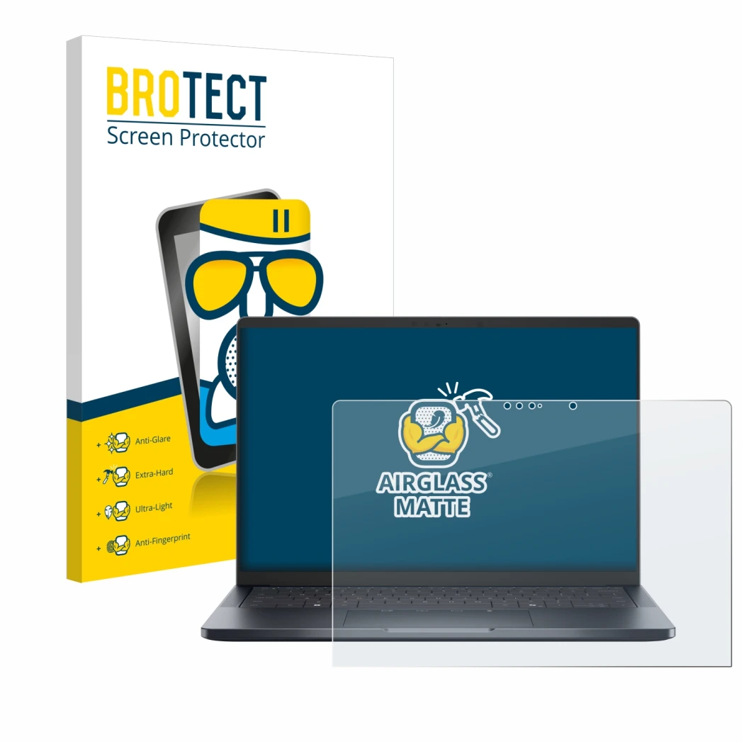 Parte frontal de un envase de producto con el logotipo de la marca BROTECT. Al lado se muestra el dispositivo Dell Pro 14 Prem