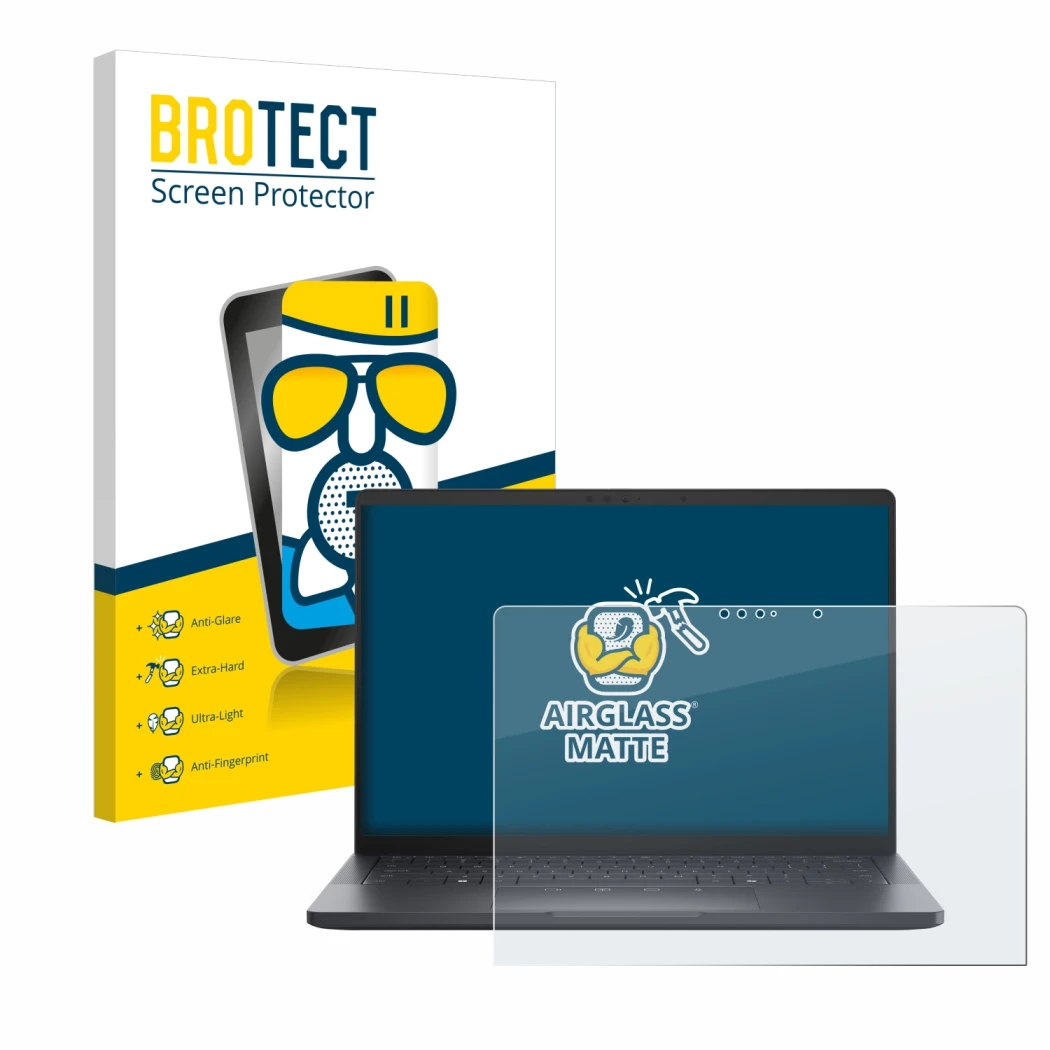 Parte frontal de un envase de producto con el logotipo de la marca BROTECT. Al lado se muestra el dispositivo Dell Pro 13 Prem