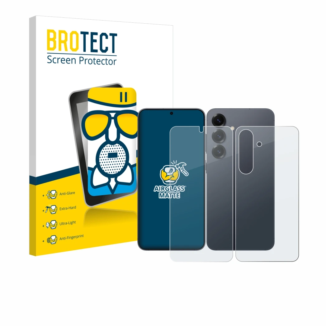 Parte frontal de un envase de producto con el logotipo de la marca BROTECT. Al lado se muestra el dispositivo Samsung Galaxy S