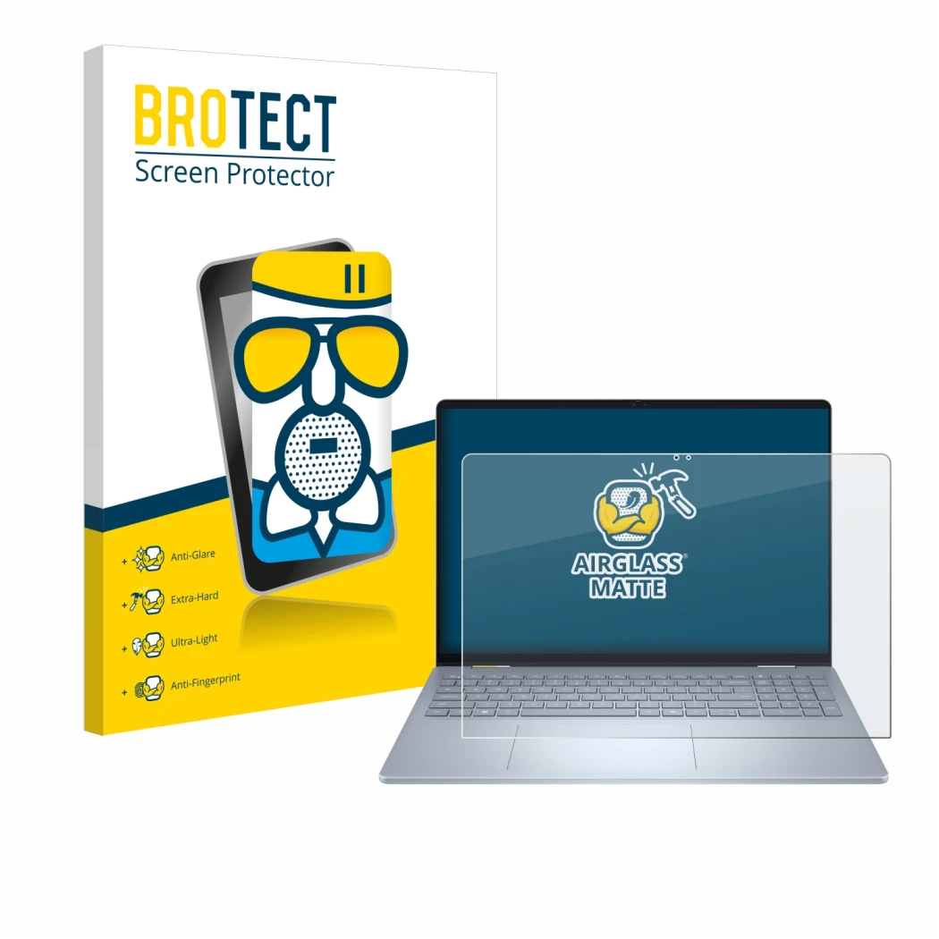 Parte frontal de un envase de producto con el logotipo de la marca BROTECT. Al lado se muestra el dispositivo Dell 16 Plus-2-i