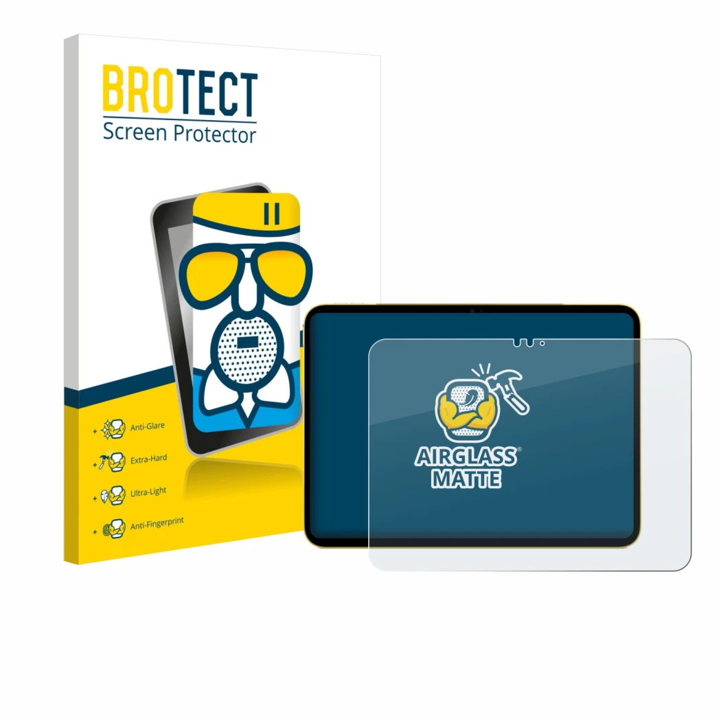 Parte frontal de un envase de producto con el logotipo de la marca BROTECT. Al lado se muestra el dispositivo Apple iPad Air 1