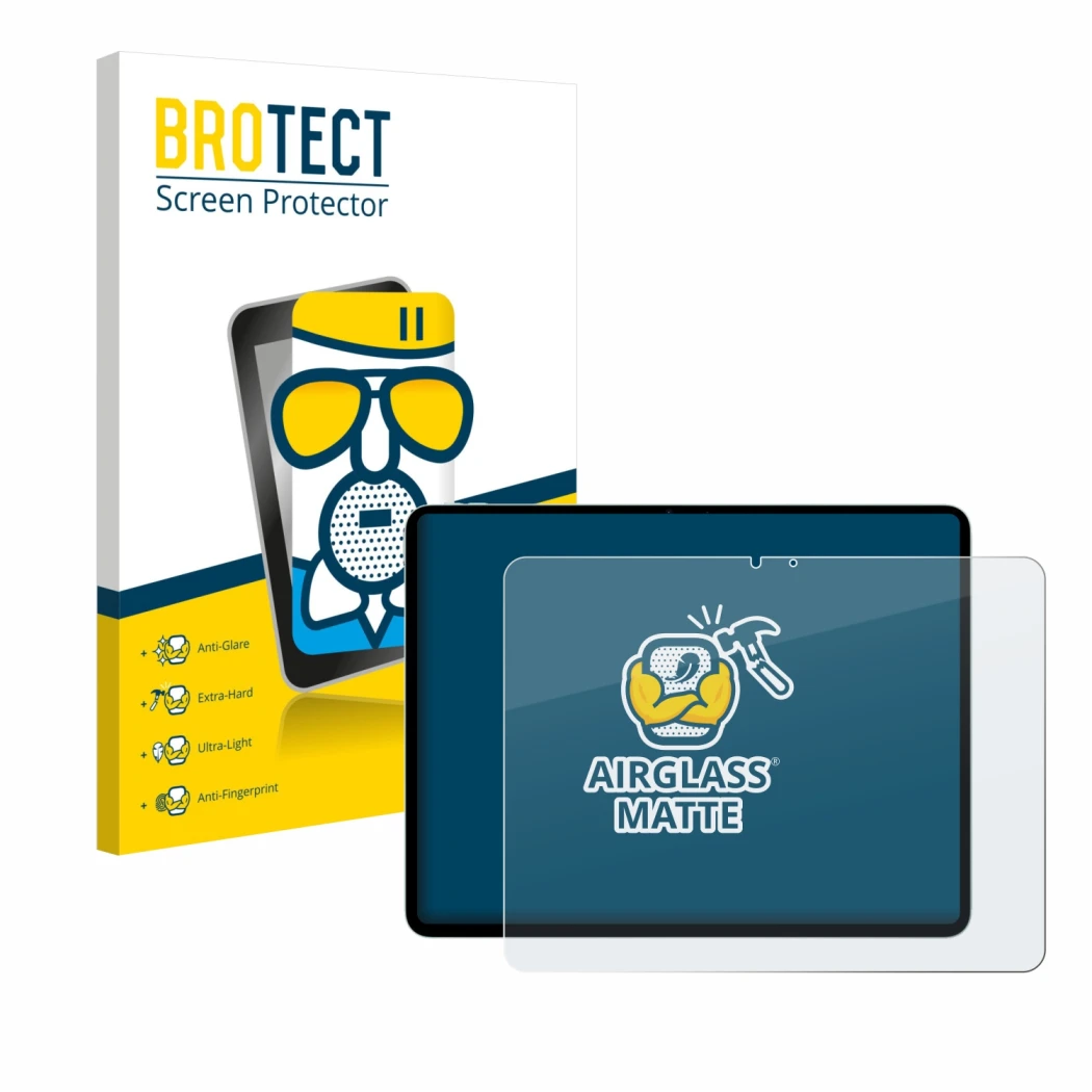 Parte frontal de un envase de producto con el logotipo de la marca BROTECT. Al lado se muestra el dispositivo Apple iPad Air 1