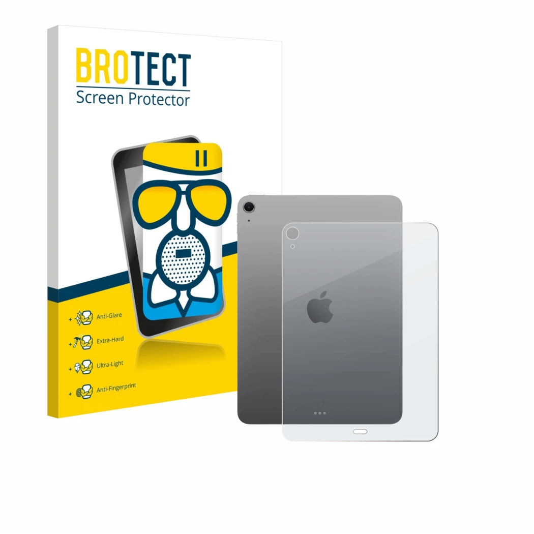 Parte frontal de un envase de producto con el logotipo de la marca BROTECT. Al lado se muestra el dispositivo Apple iPad Air 1