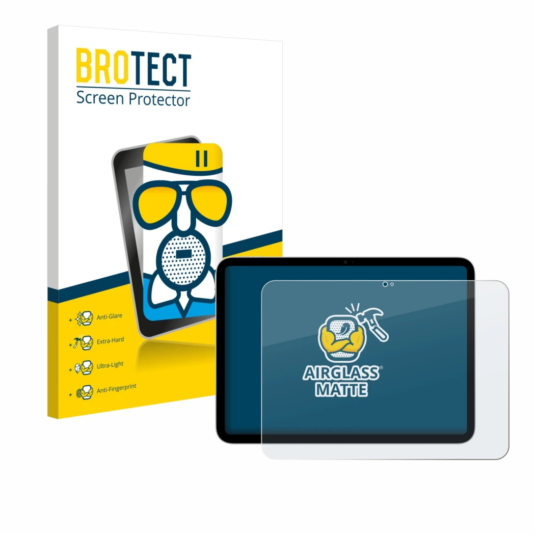 Parte frontal de un envase de producto con el logotipo de la marca BROTECT. Al lado se muestra el dispositivo Apple iPad A16 1