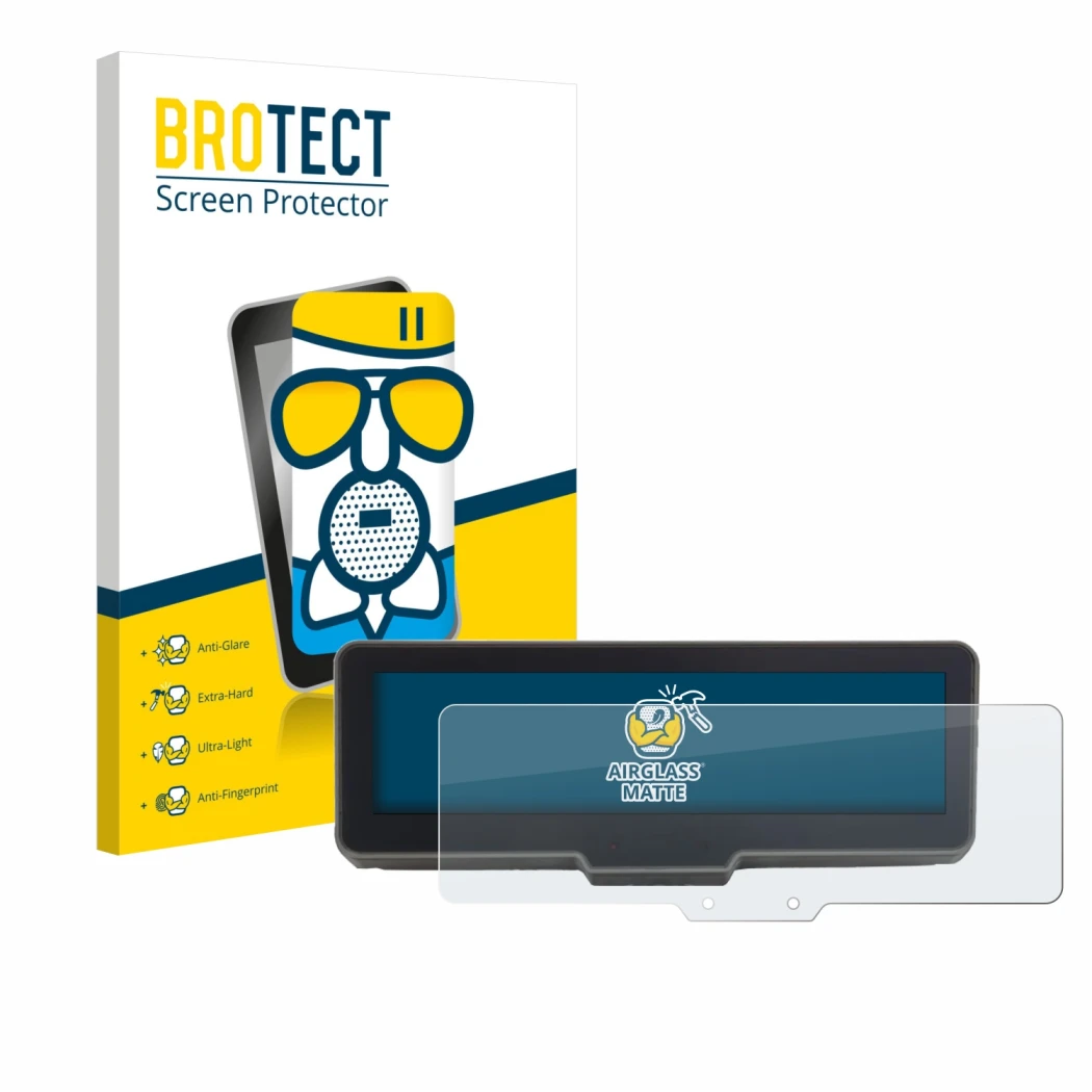 Parte frontal de un envase de producto con el logotipo de la marca BROTECT. Al lado se muestra el dispositivo KTM 990 Duke R 2