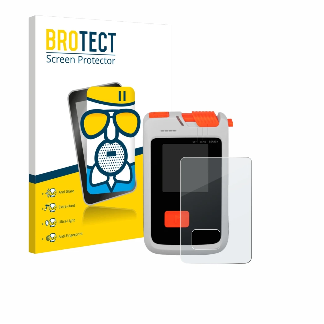 Parte frontal de un envase de producto con el logotipo de la marca BROTECT. Al lado se muestra el dispositivo Mammut Barryvox 