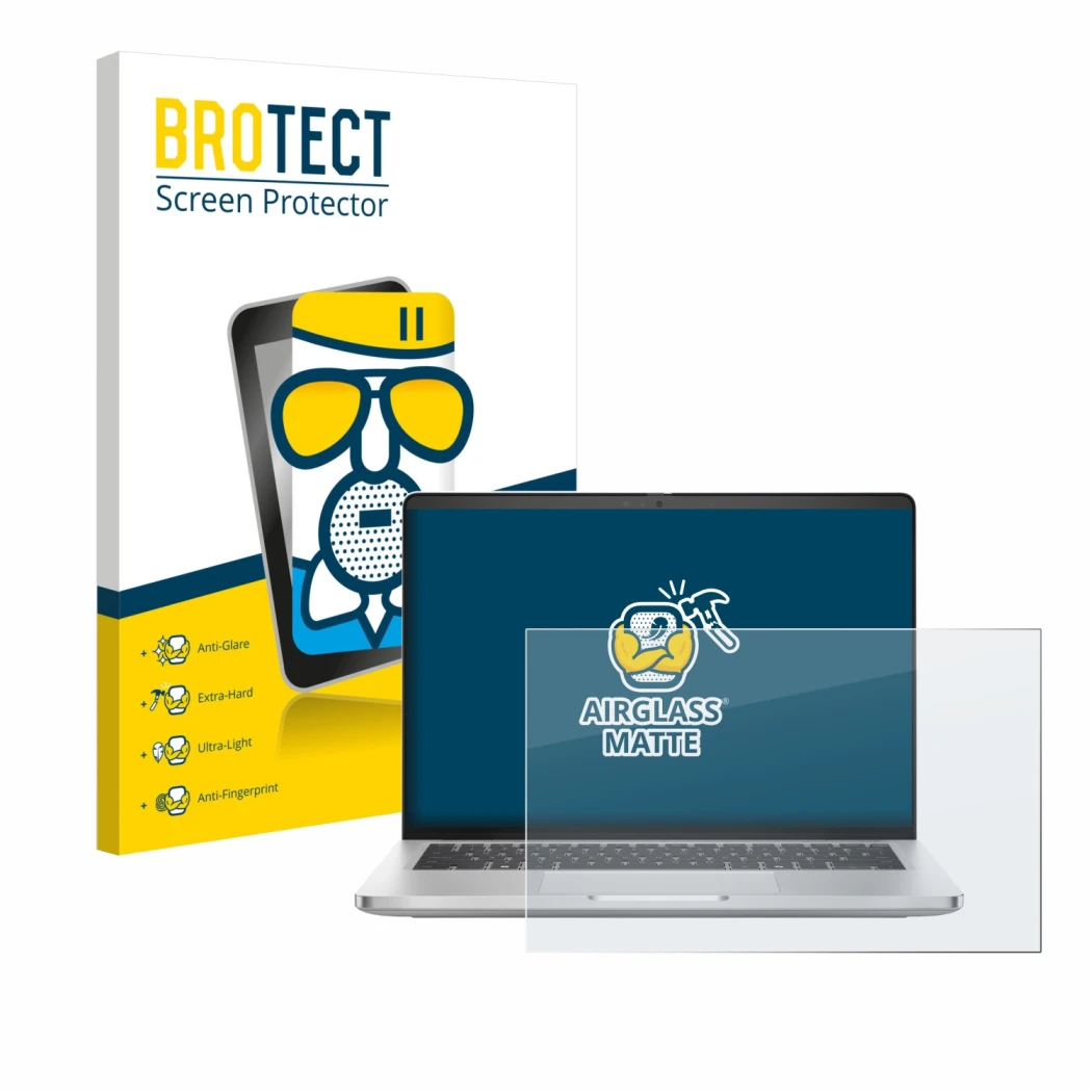 Parte frontal de un envase de producto con el logotipo de la marca BROTECT. Al lado se muestra el dispositivo Dell Pro 14 Plus