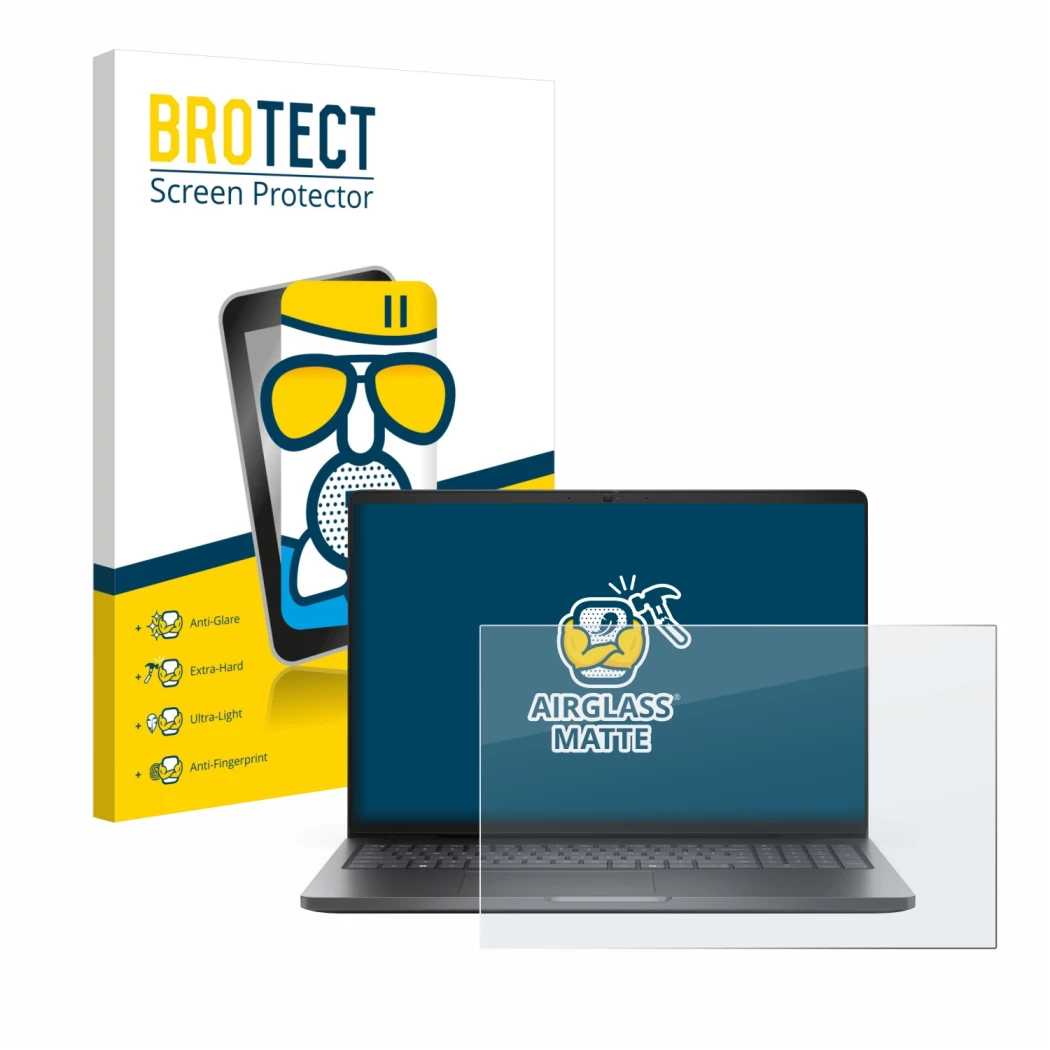 Parte frontal de un envase de producto con el logotipo de la marca BROTECT. Al lado se muestra el dispositivo Dell Pro 16 PC16