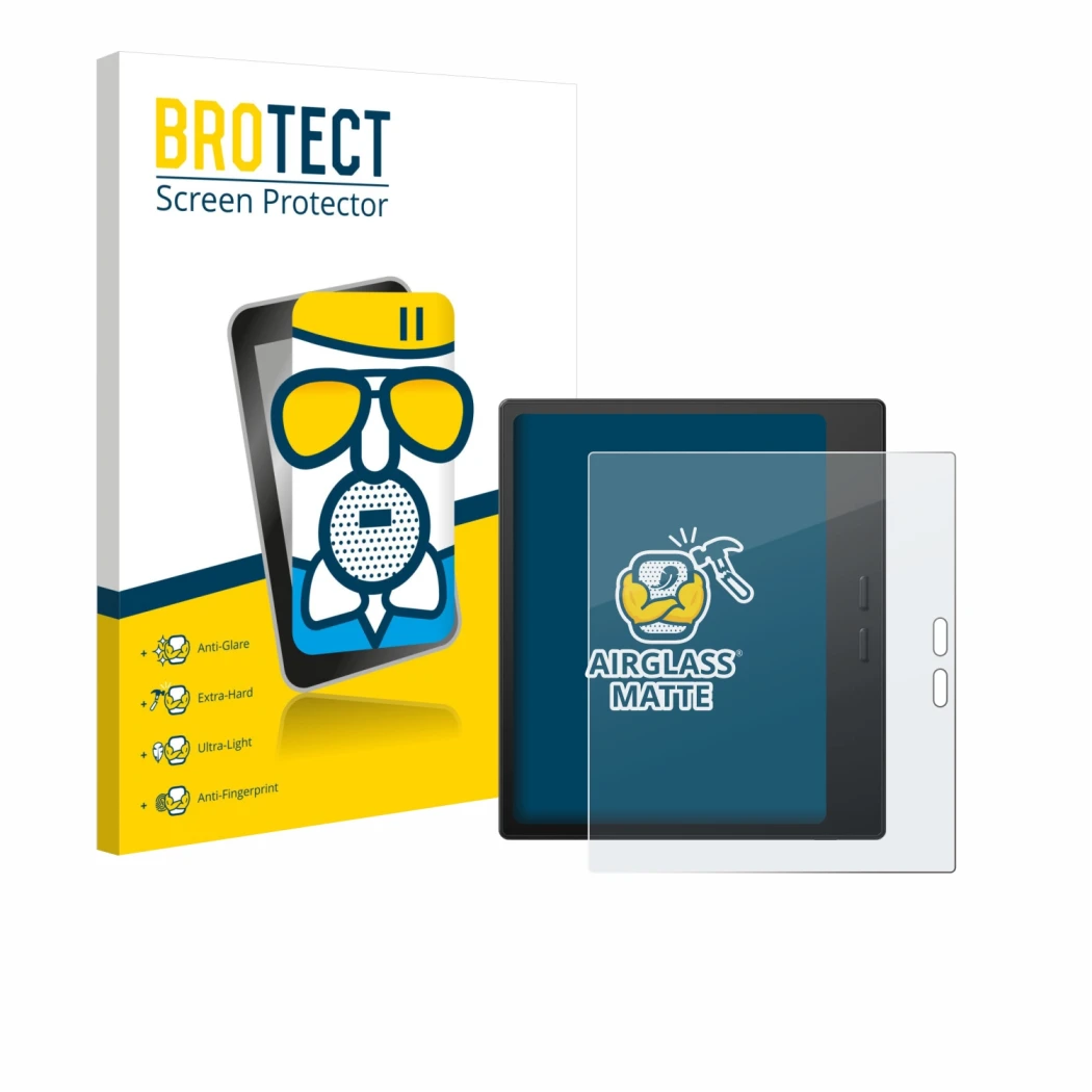 Parte frontal de un envase de producto con el logotipo de la marca BROTECT. Al lado se muestra el dispositivo Boox Go 7 con su