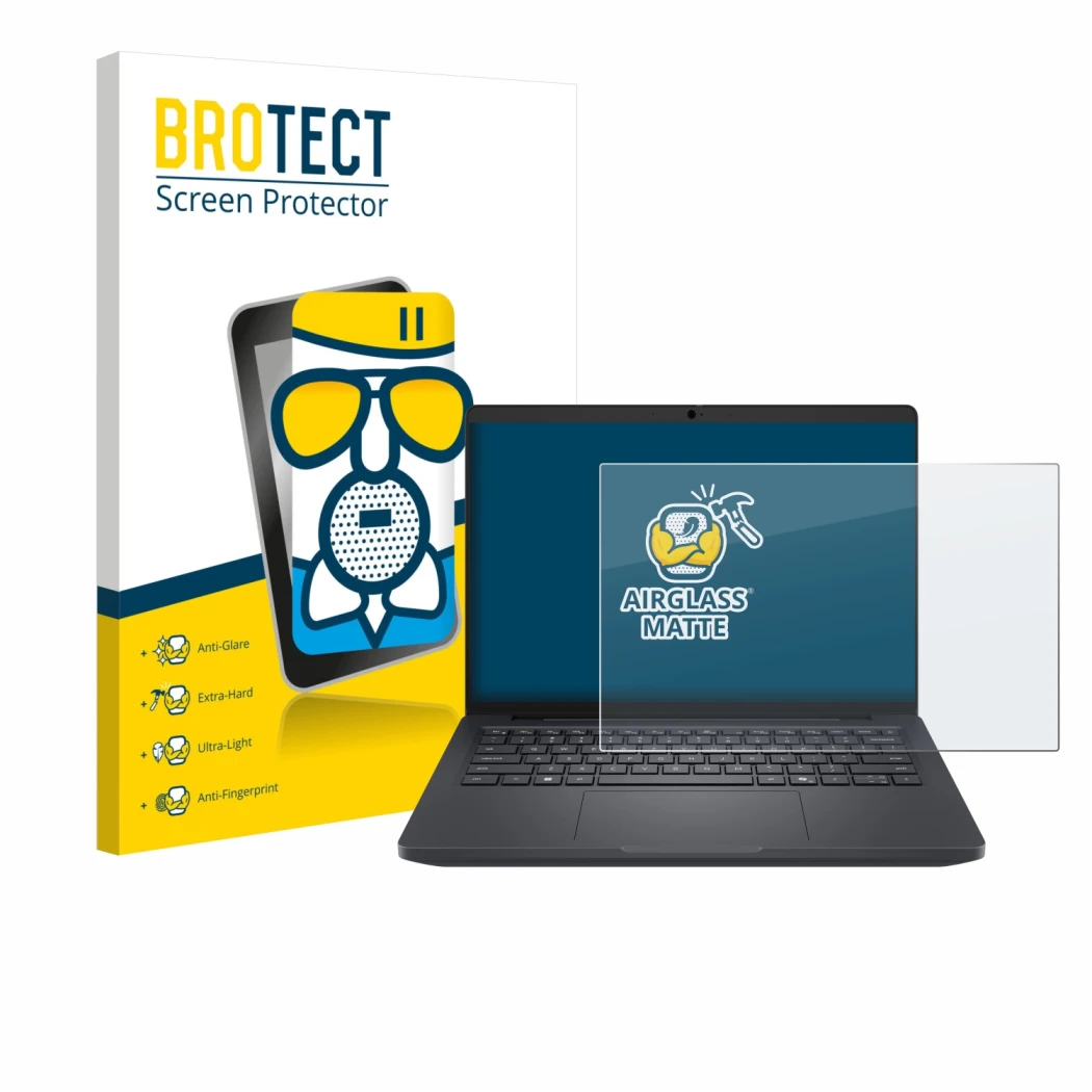 Parte frontal de un envase de producto con el logotipo de la marca BROTECT. Al lado se muestra el dispositivo Dell Pro Max 14 