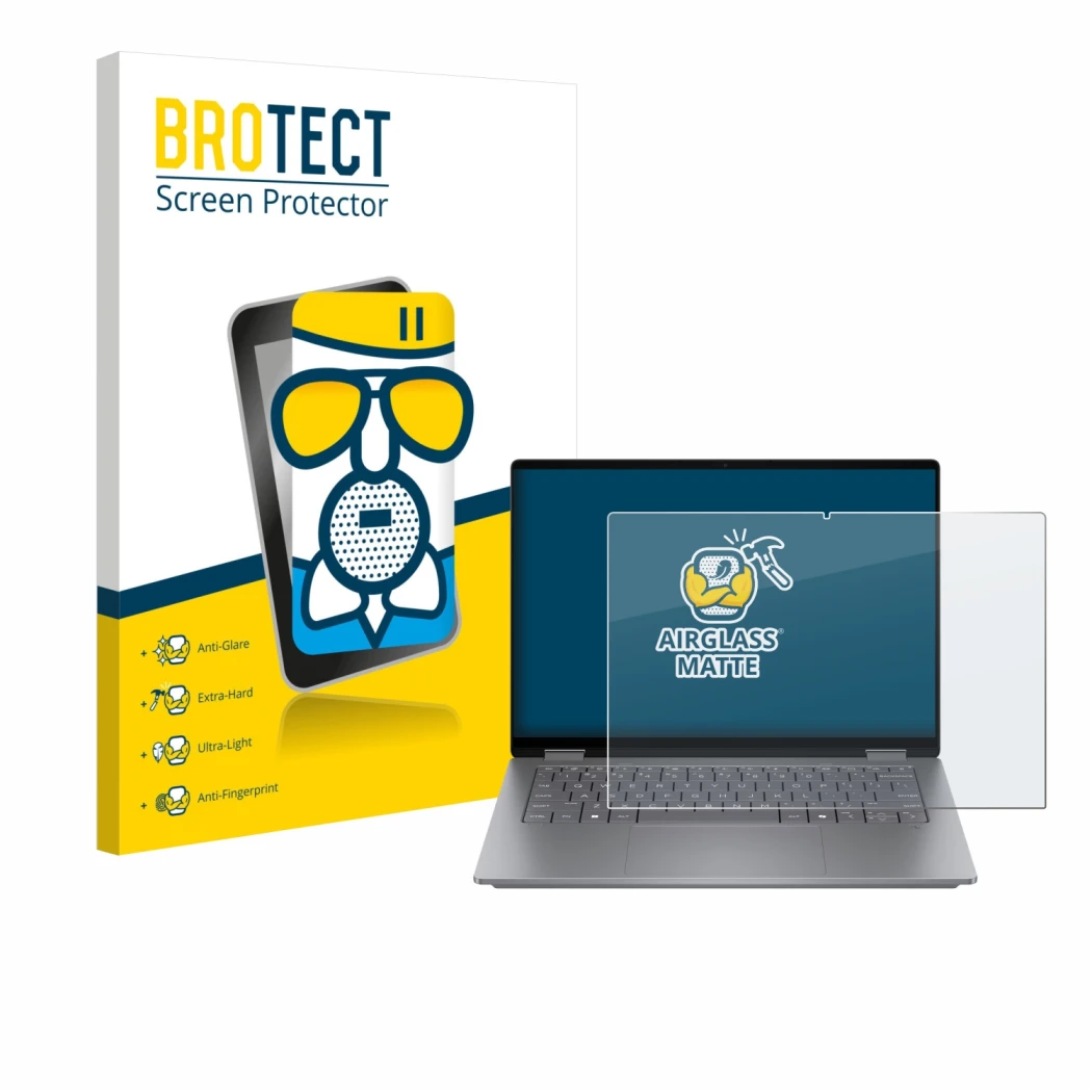 Parte frontal de un envase de producto con el logotipo de la marca BROTECT. Al lado se muestra el dispositivo HP OmniBook X Fl