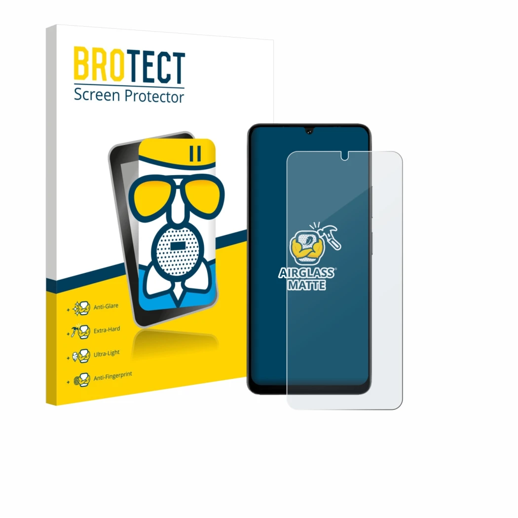 Parte frontal de un envase de producto con el logotipo de la marca BROTECT. Al lado se muestra el dispositivo Doogee Note 59 P