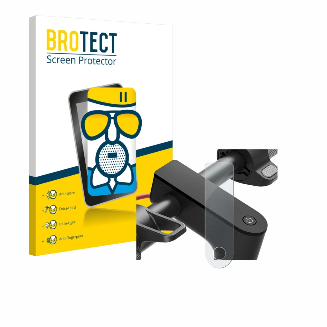 Parte frontal de un envase de producto con el logotipo de la marca BROTECT. Al lado se muestra el dispositivo Xiaomi Electric 