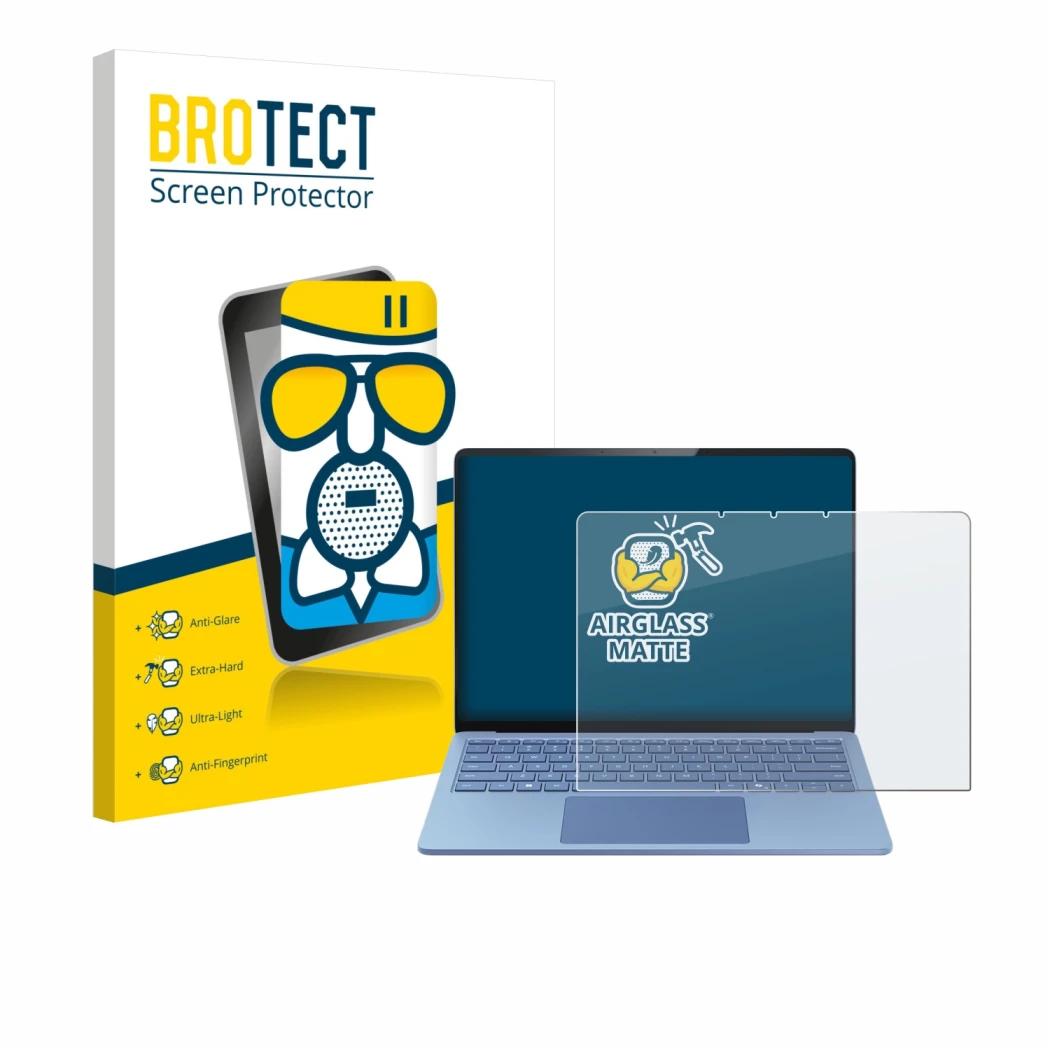 Parte frontal de un envase de producto con el logotipo de la marca BROTECT. Al lado se muestra el dispositivo Microsoft Surfac